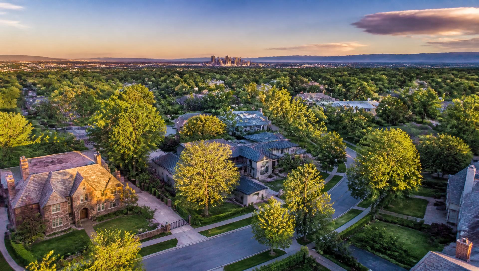 Aerial view of Hilltop Denver neighborhood at sunset
